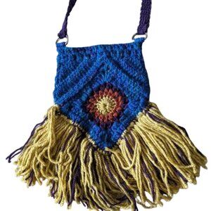 Blue Crochet Crossbody Bag Handmade Fringe